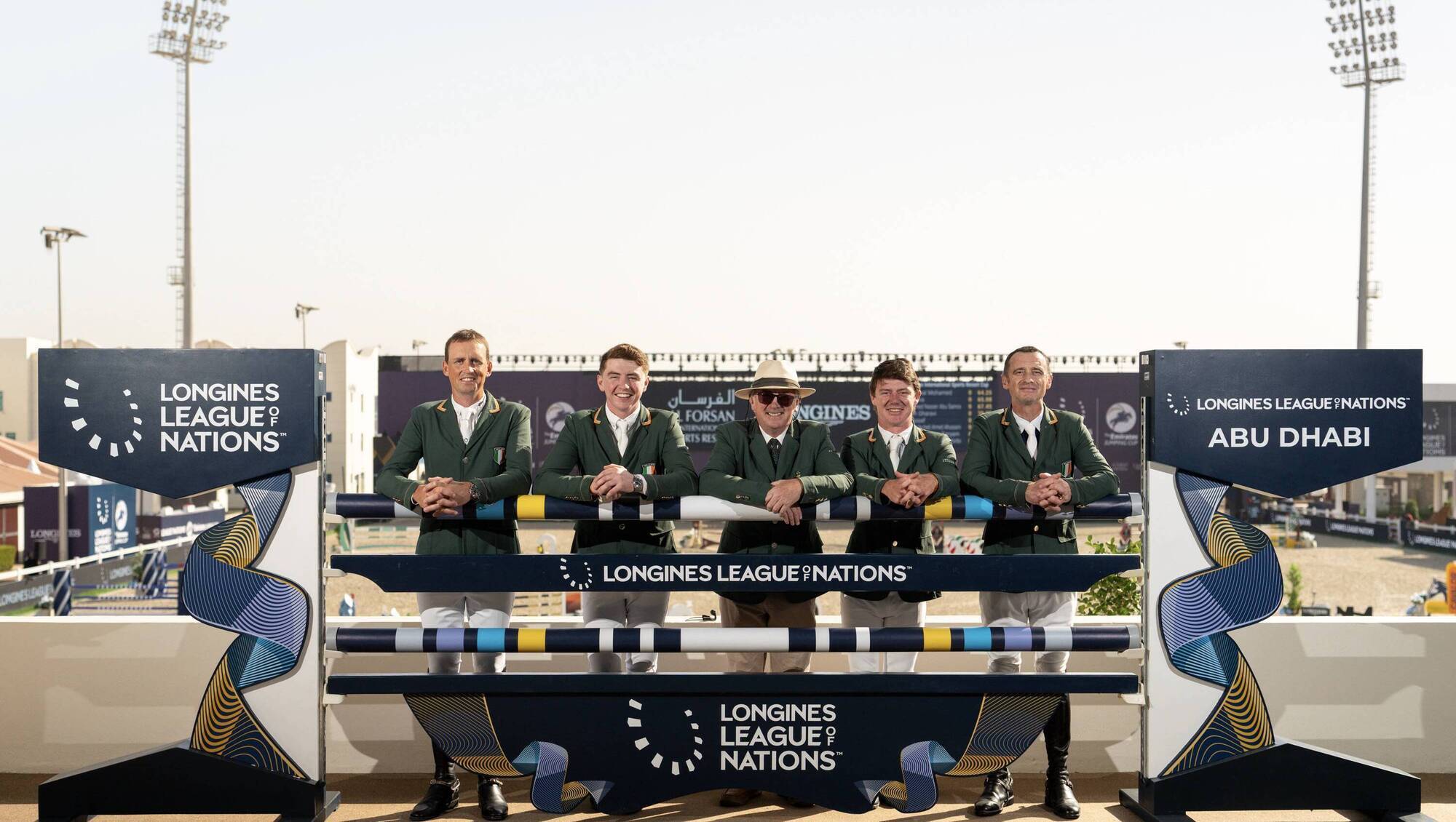 WINNING TEAM: The Irish team of Trevor Breen, Jason Foley, Team Manager Michael Blake, Mikey Pender and Denis Lynch, who won in Abu Dhabi. Picture: Horse Sport Ireland 