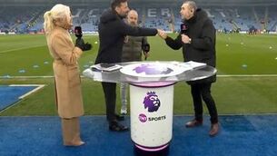 <p>Ruud van Nistelrooy (left) and Martin Keown meet before Leicester v Arsenal. Pic: TNT Sports</p>