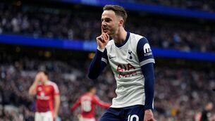 <p>SSHHH: Tottenham Hotspur's James Maddison celebrates scoring the winner. Pic: John Walton/PA Wire.</p>