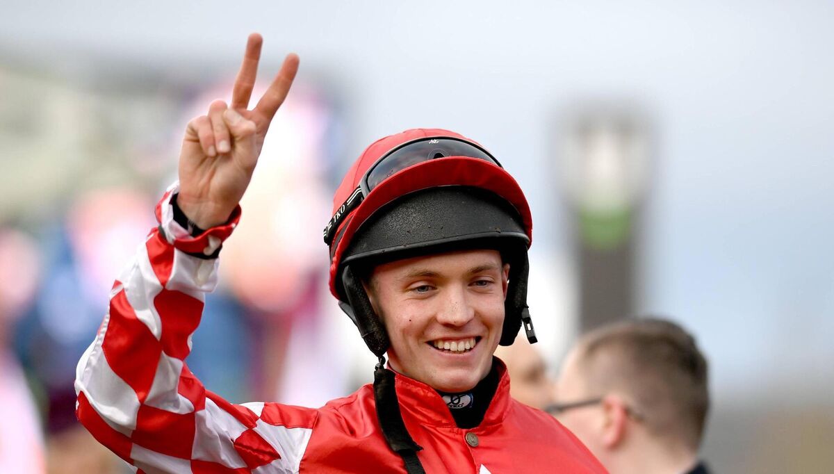 Jockey Michael O'Sullivan, celebrates his second win, after winning the Boodles Juvenile Handicap Hurdle Chase during day one of the Cheltenham Racing Festival at Prestbury Park in Cheltenham, England. Photo by Seb Daly/Sportsfile