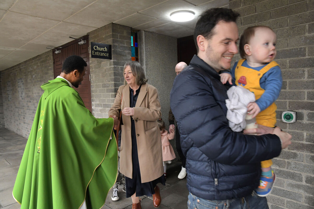 Fr Justin Obijuru meeting parishioners following Sunday mass at Our Lady Queen of Heaven, Dublin Airport. Photo: Moya Nolan Fr Justin Obijuru meeting parishioners following Sunday mass at Our Lady Queen of Heaven, Dublin Airport. Photo: Moya Nolan