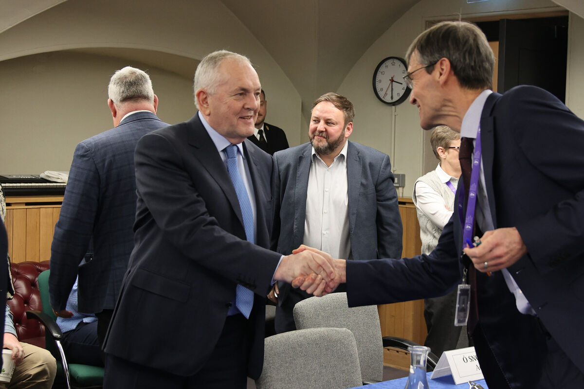 Newly-elected Leas-Cheann Comhairle John McGuinness is congratulated by Clerk of the Dáil Peter Finnegan after his election on Wednesday. Picture: Maxwell’s  