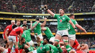 <p>Joe McCarthy of Ireland celebrates after teammate Dan Sheehan, not pictured, scored their side's first try in the 21st minute, during the Guinness Six Nations. Pic: Seb Daly/Sportsfile</p>