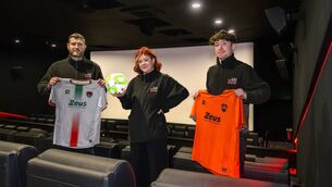 <p>The Arc Cinema assistant manager Aoibhín Gallagher with cinema staff members Will Joy and David Coleman as Cork City announced an agreement to screen away matches at the cinema. Picture: Doug Minihane</p>
