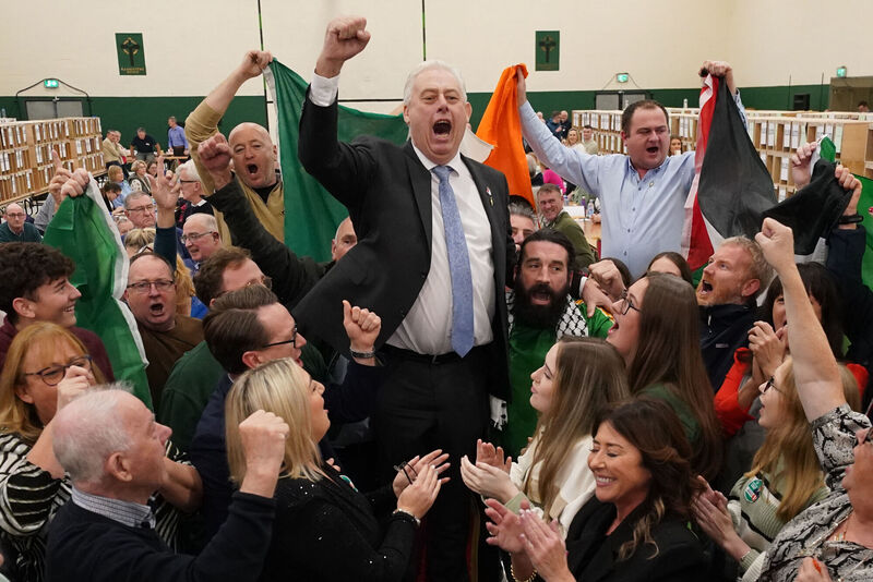 Sinn Fein's Thomas Gould celebrates following re-election for Cork North-Central, at Nemo Rangers GAA Club in Cork. Picture: Jacob King/PA Wire Sinn Fein's Thomas Gould celebrates following re-election for Cork North-Central, at Nemo Rangers GAA Club in Cork. Picture: Jacob King/PA Wire