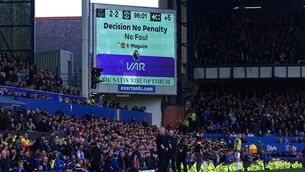 <p>LATE DRAMA: The giant screen display a VAR decision of, no penalty, after referee Andrew Madley overturned his initial decision to award a penalty to Everton in the close stages of the Premier League match at Goodison Park, Liverpool. Pic: Peter Byrne/PA Wire</p>