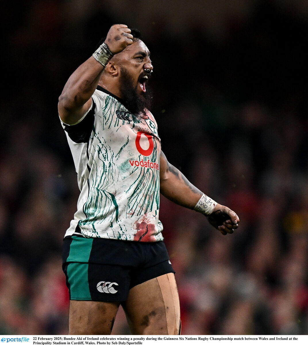 Bundee Aki of Ireland celebrates winning a penalty during the Guinness Six Nations Rugby Championship match between Wales and Ireland at the Principality Stadium in Cardiff, Wales. Photo by Seb Daly/Sportsfile