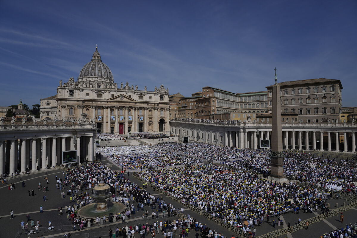 Tapestries depicting ten new saints hang in St. Peter's Square at The Vatican, Sunday, May 15, 2022. Picture: AP Photo/Gregorio Borgia