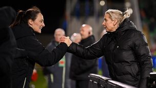<p>MASTERPLAN: Republic of Ireland head coach Carla Ward celebrates with Megan Campbell. Pic: Stephen McCarthy/Sportsfile.</p>