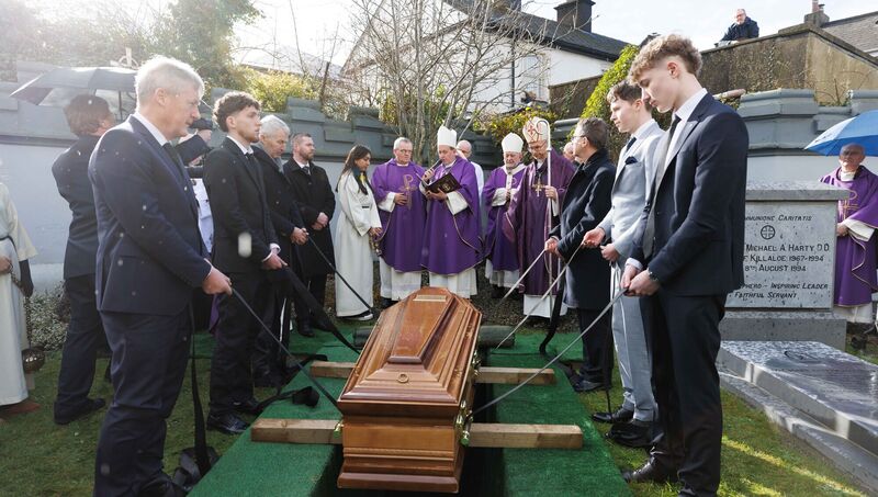  Bishop Ger Nash, diocese of Ferns, blesses the coffin along with Fr Tom Ryan and Bishop Fintan Monahan after the funeral Mass. Picture: Eamon Ward