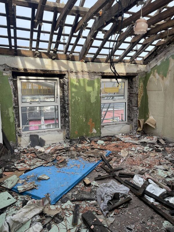 One of the bedrooms of 42 Douglas Street, mid-demolition before being rebuilt. One of the bedrooms of 42 Douglas Street, mid-demolition before being rebuilt.