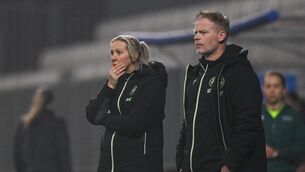 <p>EMERGENCY WARD: Republic of Ireland head coach Carla Ward and assistant head coach Alan Mahon during the UEFA Women's Nations League B match between Slovenia and Republic of Ireland at Bonifika Stadium in Koper, Slovenia. Photo by Stephen McCarthy/Sportsfile</p>