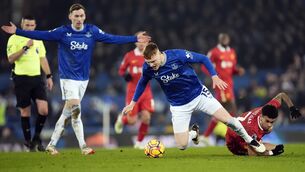 <p>IN ESTEEMED COMPANY: Liverpool's Luis Diaz (right) challenges Everton's Jake O'Brien during the Premier League match at Goodison Park, Liverpool. Pic:: Nick Potts/PA Wire</p>