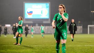 <p>NO WIPING THAT ONE AWAY: Ireland's Aoife Mannion leaves the pitch dejected on Tuesday night. Pic: INPHO/Ryan Byrne</p>