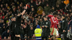 <p>Manchester United's Patrick Dorgu is sent off during the Premier League match at Old Trafford, Manchester. Picture: Martin Rickett/PA Wire. </p>