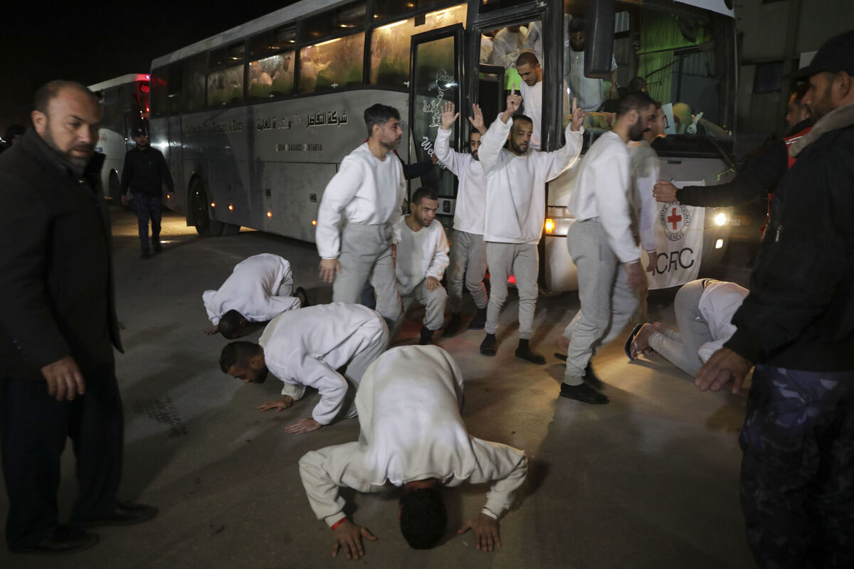 Freed Palestinian prisoners react as they arrive in the Gaza Strip after being released from an Israeli prison following a ceasefire agreement between Hamas and Israel in Khan Younis, Gaza Strip on Thursday Picture: AP Photo/Jehad Alshrafi