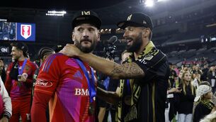 <p>LES BLEUS: Olivier Giroud and goalkeeper Hugo Lloris celebrate LAFC's U.S. Open Cup final victory together</p>