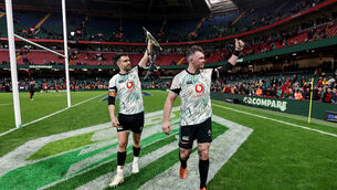 <p>Ireland's Conor Murray and Peter O'Mahony celebrate after win over Wales. Pic: ©INPHO/Dan Sheridan</p>