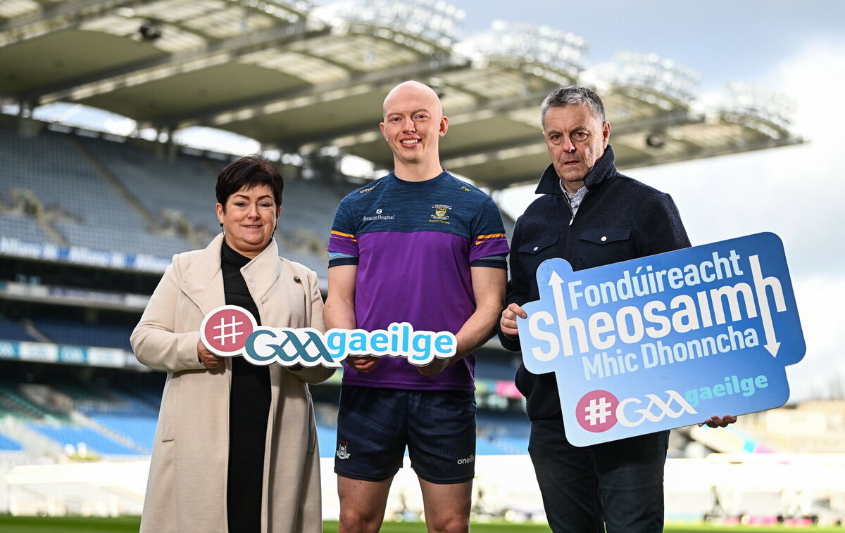 In attendance, from left, Áine Uí Choinn, Cathaoirleach Choiste Náisiúnta Garilge, CLG, Dublin hurler Fergal Whitely and Lorcán Mac Gabhann, Ceannasaí Ghlór na nGael, during the annoucement of the GAA’s Ambasadóir na Gaeilge.