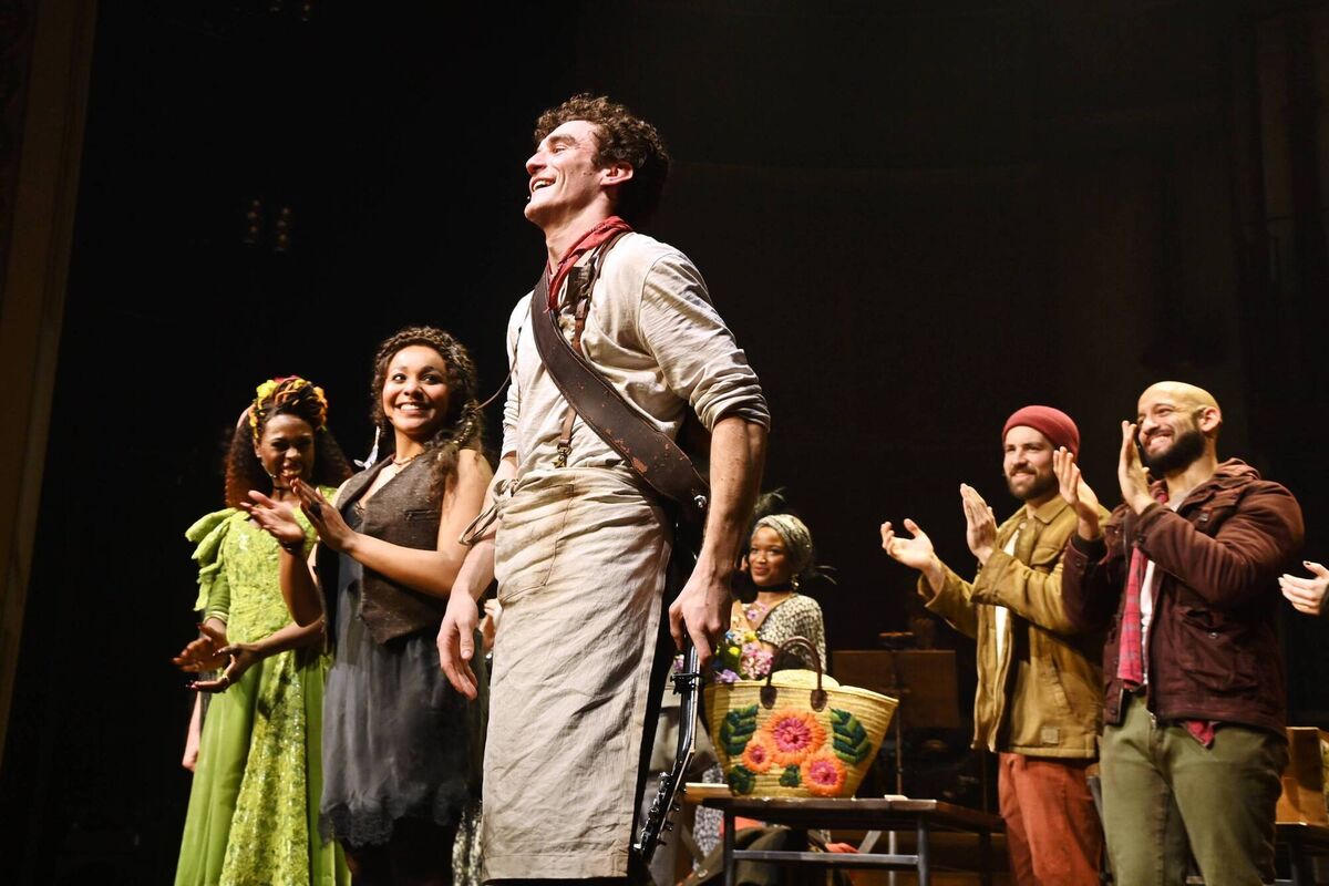 LONDON, ENGLAND - FEBRUARY 21: (L to R) Cast members Gloria Onitiri, Grace Hodgett Young, Donal Finn, Madeline Charlemagne, Christopher Short and Waylon Jacobs bow at the curtain call during the press night performance of "Hadestown" at The Lyric Theatre on February 21, 2024 in London, England. (Photo by Alan Chapman/Dave Benett/Getty Images) LONDON, ENGLAND - FEBRUARY 21: (L to R) Cast members Gloria Onitiri, Grace Hodgett Young, Donal Finn, Madeline Charlemagne, Christopher Short and Waylon Jacobs bow at the curtain call during the press night performance of "Hadestown" at The Lyric Theatre on February 21, 2024 in London, England. (Photo by Alan Chapman/Dave Benett/Getty Images)