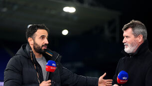 <p>Manchester United manager Ruben Amorim, left, is interviewed by Roy Keane (Bradley Collyer/PA)</p>
