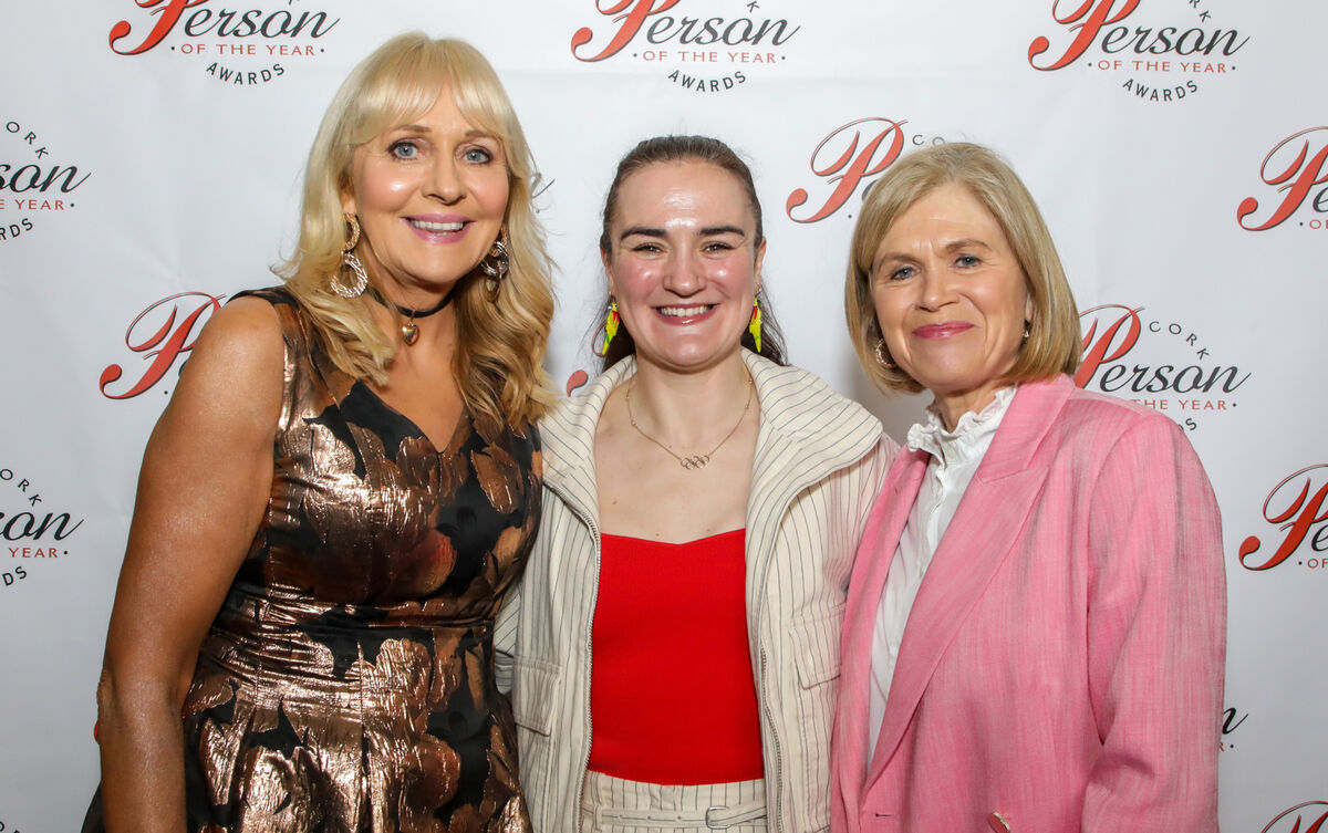  (Left to right) RTE presenter, Miriam O'Callaghan, Olympic Gold medal winner Kellie Harrington and RTE presenter Anne Cassin at the Cork Person of the Year awards on Friday. Picture: David Creedon