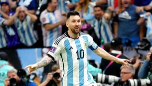 <p>Argentina’s Lionel Messi celebrates scoring against France in the 2022 World Cup final (Nick Potts/PA)</p>
