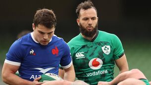 <p>EARLY DAYS: France’s Antoine Dupont and Jamison Gibson-Park of Ireland meet in the 2021 Six Nations clash at the Aviva, a rare Test-stage clash. Pic: INPHO/James Crombie</p>