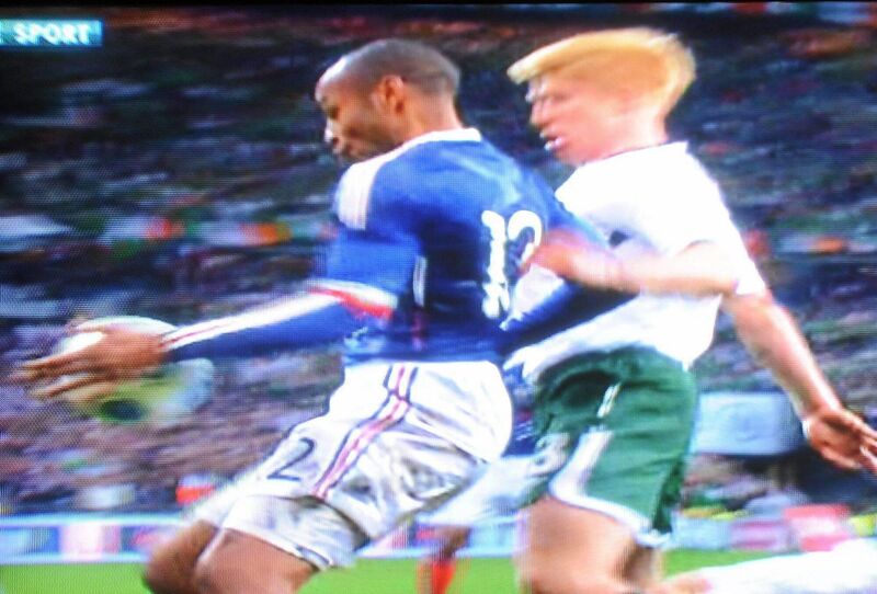 2009: A video grab of the handball by France's Thierry Henry which directly led to France's equalising goal on the night and put them into a 2-1 lead in extra-time. Pict: RTE 2009: A video grab of the handball by France's Thierry Henry which directly led to France's equalising goal on the night and put them into a 2-1 lead in extra-time. Pict: RTE