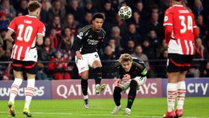 <p>MAGICAL MEN: Arsenal's Ethan Nwaneri and Martin Odegaard during the UEFA Champions League Round of 16, first leg match at the Philips Stadion in Eindhoven, Netherlands. Pic: Peter Lous/PA Wire.</p>