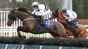 <p>Beggars Rock and Kevin Sexton win the D Pack Packaging Handicap Hurdle at Limerick last December. Picture: Healy Racing</p>