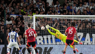 <p>BIG STRETCH: Manchester United goalkeeper Andre Onana makes a save during the UEFA Europa League Round of 16, first leg match at the Reale Arena in San Sebastian, Spain. Pic: Bradley Collyer/PA Wire.</p>