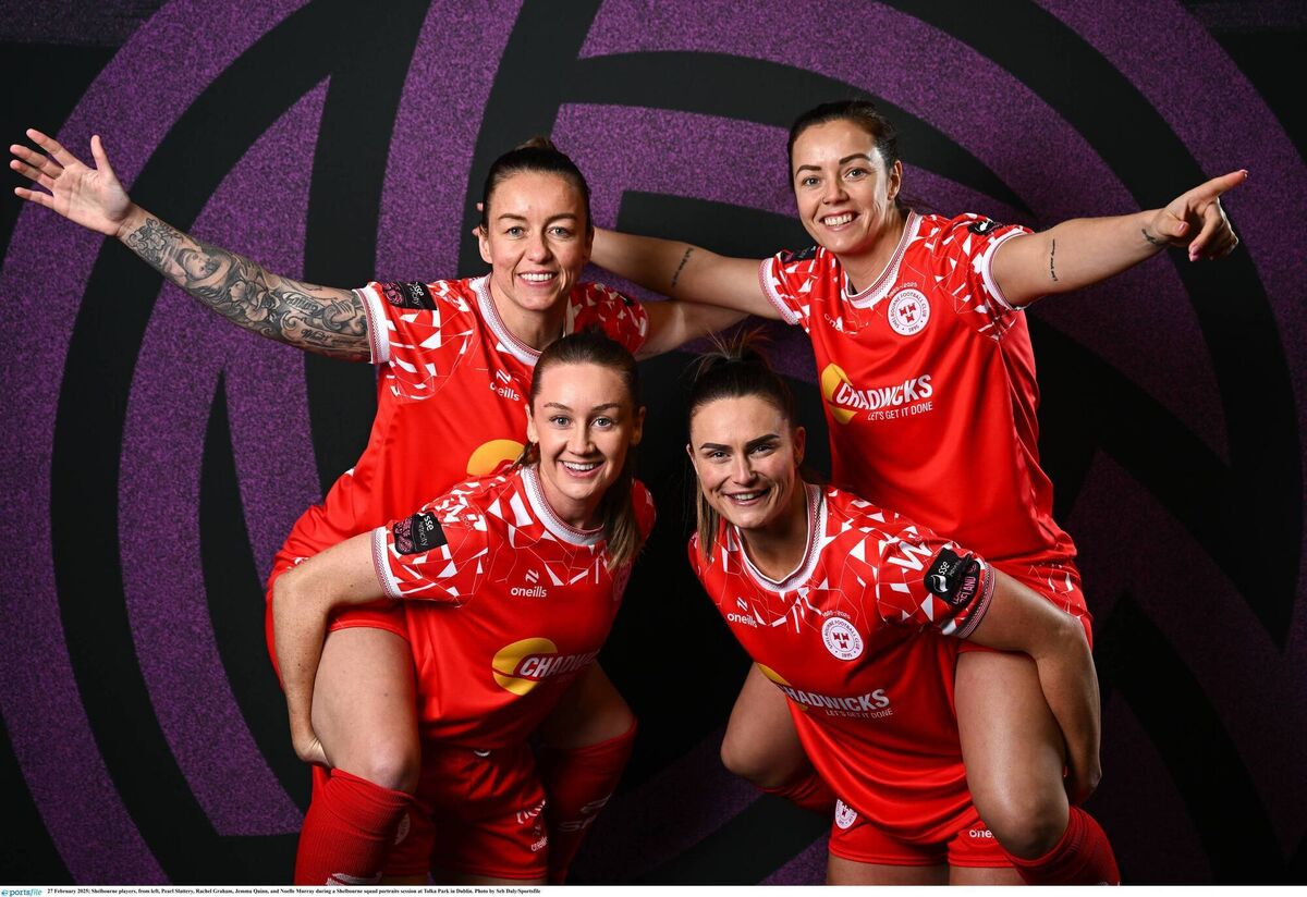 Shelbourne players, from left, Pearl Slattery, Rachel Graham, Jemma Quinn, and Noelle Murray during a Shelbourne squad portraits session at Tolka Park in Dublin. Photo by Seb Daly/Sportsfile