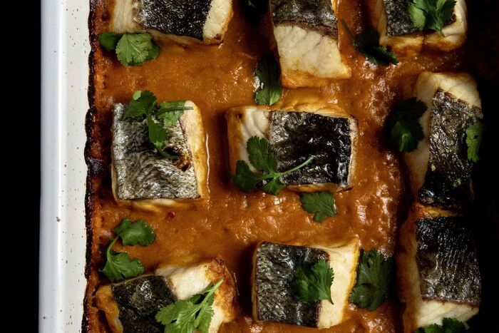 Baked pollock with tomato masala