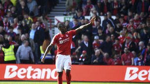 <p>Nottingham Forest's Callum Hudson-Odoi celebrates. Pic: AP Photo/Rui Vieira</p>