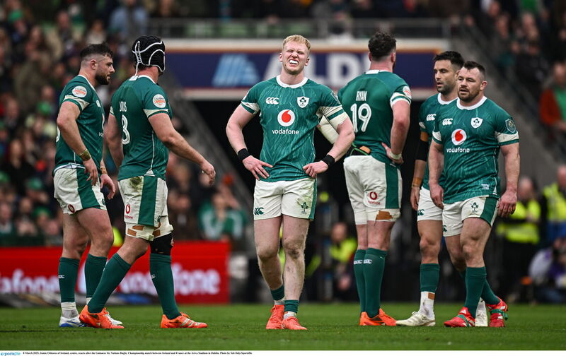 ANGUISH: Jamie Osborne of Ireland, centre, reacts after the Guinness Six Nations Rugby Championship match between Ireland and France. Pic: Seb Daly/Sportsfile ANGUISH: Jamie Osborne of Ireland, centre, reacts after the Guinness Six Nations Rugby Championship match between Ireland and France. Pic: Seb Daly/Sportsfile