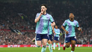 <p>Arsenal's Declan Rice (left) celebrates. Pic: Martin Rickett/PA Wire.</p>