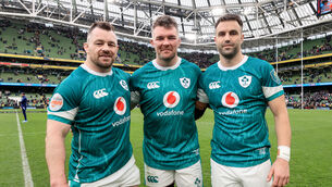 <p>IRISH GOODBYE: Ireland's Cian Healy, Peter O'Mahony and Conor Murray. Pic: Dan Sheridan/Inpho</p>