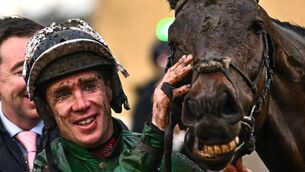 <p>Jockey Derek O'Connor celebrates with Inothewayurthinkin after winning the Kim Muir Handicap Chase on day three of the Cheltenham Racing Festival at Prestbury Park in Cheltenham, England. Pic: Harry Murphy/Sportsfile</p>