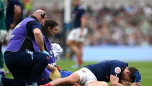 <p>Antoine Dupont reacts as he receives medical attention during the Ireland and France game. Picture: David Fitzgerald/Sportsfile</p>