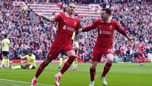 <p>Liverpool's Darwin Nunez celebrates scoring his side's equaliser. Pic: Peter Byrne/PA Wire.</p>