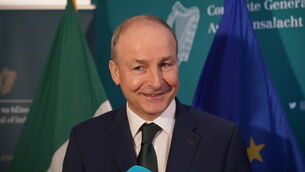 <p>Taoiseach Micheál Martin speaking to the media at JW Marriott Hotel in Austin, Texas (Niall Carson/PA)</p>