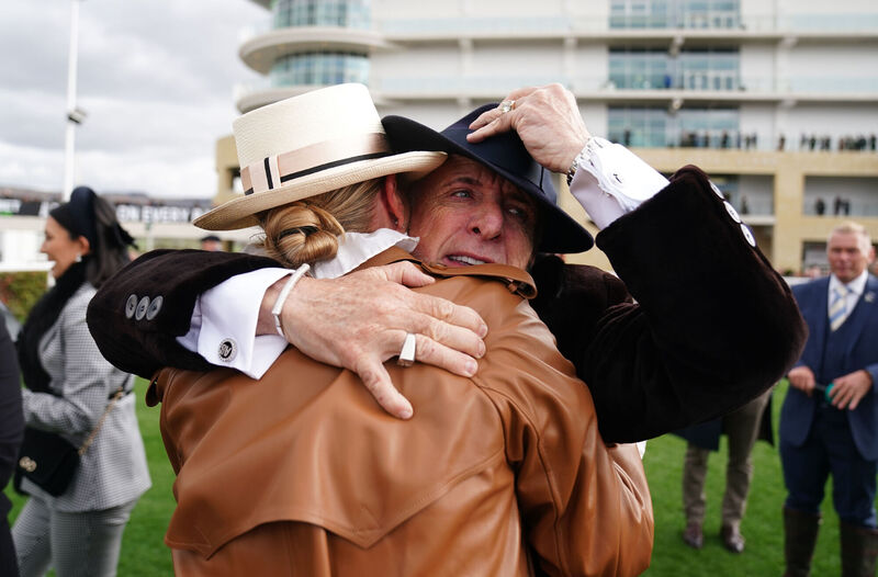 LOOKING DOWN ON ME: Winner owner Anthony Cooper-Barney (right) celebrates after Jango Baie won the My Pension Expert Arkle Challenge Trophy Novices' Chase on day one of the 2025 Cheltenham Festival at Cheltenham Racecourse. Pic: David Davies for The Jockey Club/PA Wire