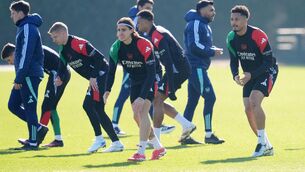 <p>PRIMED AND READY: Arsenal's Riccardo Calafiori (centre) and William Saliba (right) during a training session at at the Sobha Realty Training Centre, London. Pic: Andrew Milligan/PA Wire</p>