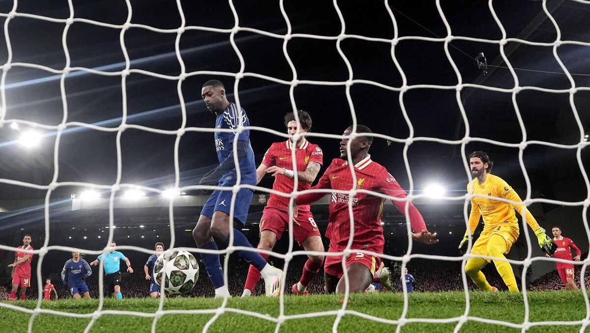 THE LEVELLER: Paris Saint-Germain's Ousmane Dembele (centre left) scores their side's first goal of the game during the UEFA Champions League round of sixteen second leg match at Anfield, Liverpool. Pic: Martin Rickett/PA Wire.