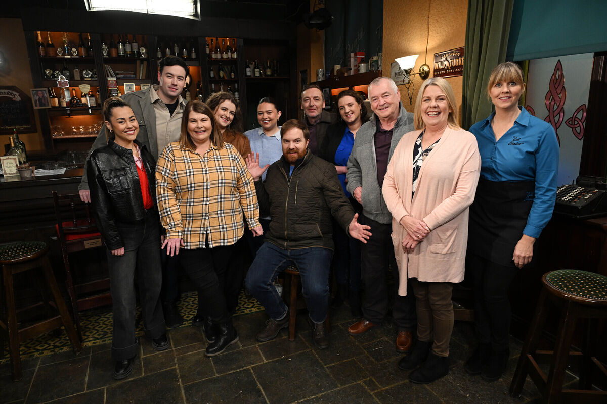 Bernard O’Shea on the Ros na Rún TV set with cast and crew. Pictures: Ray Ryan