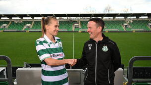 <p>READY TO ROLL: Shamrock Rovers new signing Ruesha Littlejohn with head coach Collie O'Neill during her unveiling at Tallaght Stadium in Dublin. Photo by Stephen McCarthy/Sportsfile</p>