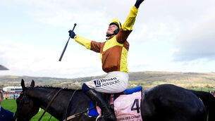 <p>FRIDAY FEELING: Jockey Paul Townend celebrating on Galopin Des Champs. Pic: David Davies for The Jockey Club/PA Wire.</p>