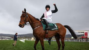<p>Jockey Rachael Blackmore, aboard Bob Olinger, celebrates after winning the Paddy Power Stayers' Hurdle. Pic: Harry Murphy/Sportsfile</p>