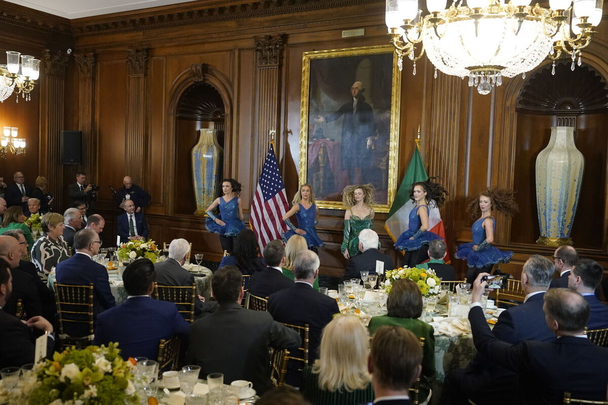 Dancers perform Riverdance at the Friends of Ireland luncheon hosted by speaker of the United States House of Representatives Mike Johnson on Wednesday: Picture: Niall Carson/PA Wire Dancers perform Riverdance at the Friends of Ireland luncheon hosted by speaker of the United States House of Representatives Mike Johnson on Wednesday: Picture: Niall Carson/PA Wire